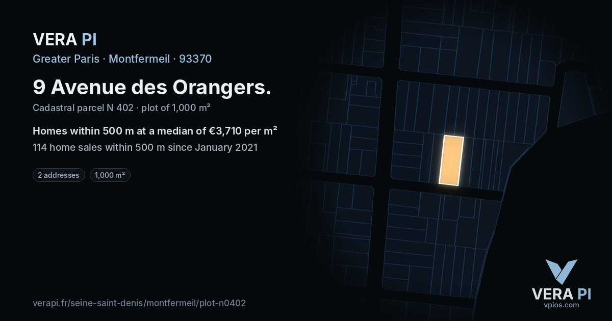 9 Avenue des Orangers, Montfermeil at night – the plot lit, the parcels around coloured by the prices near them