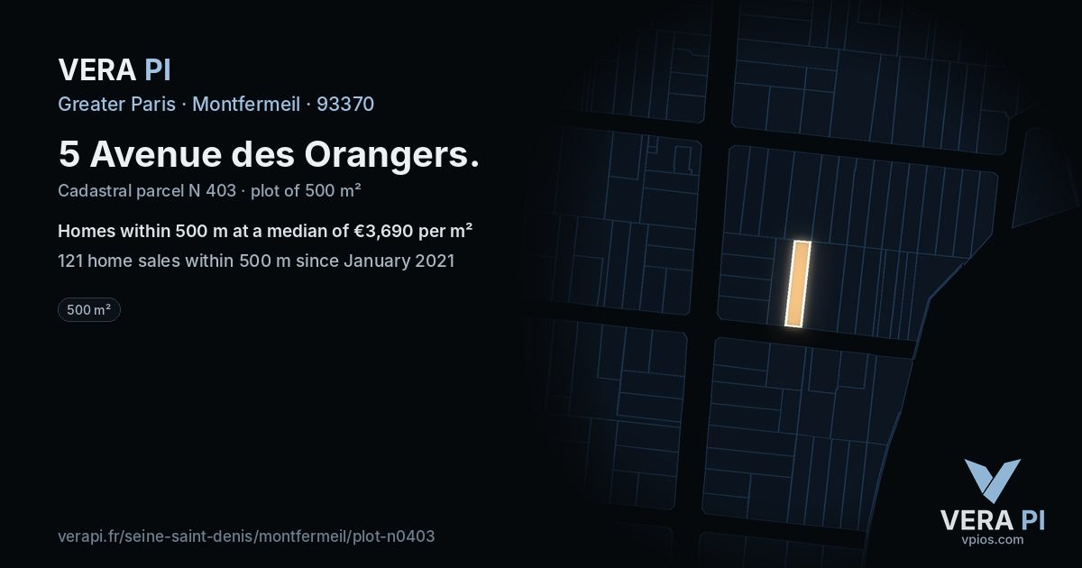 5 Avenue des Orangers, Montfermeil at night – the plot lit, the parcels around coloured by the prices near them