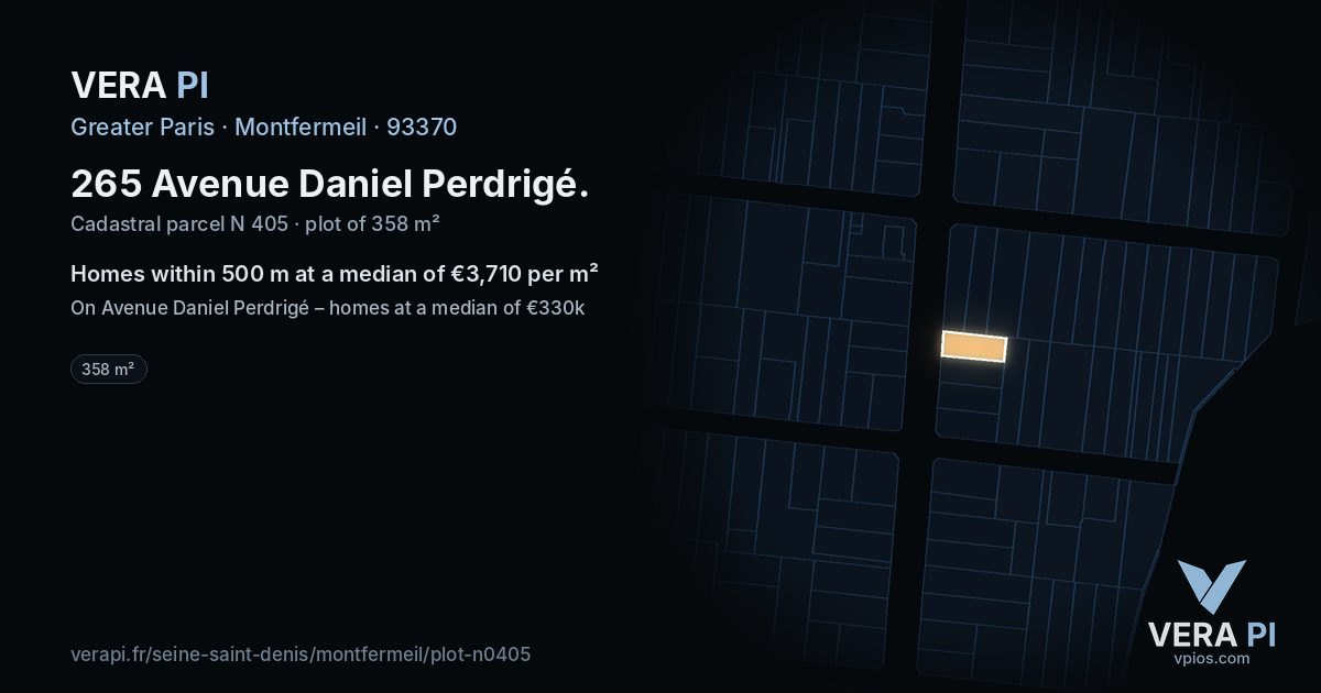 265 Avenue Daniel Perdrigé, Montfermeil at night – the plot lit, the parcels around coloured by the prices near them