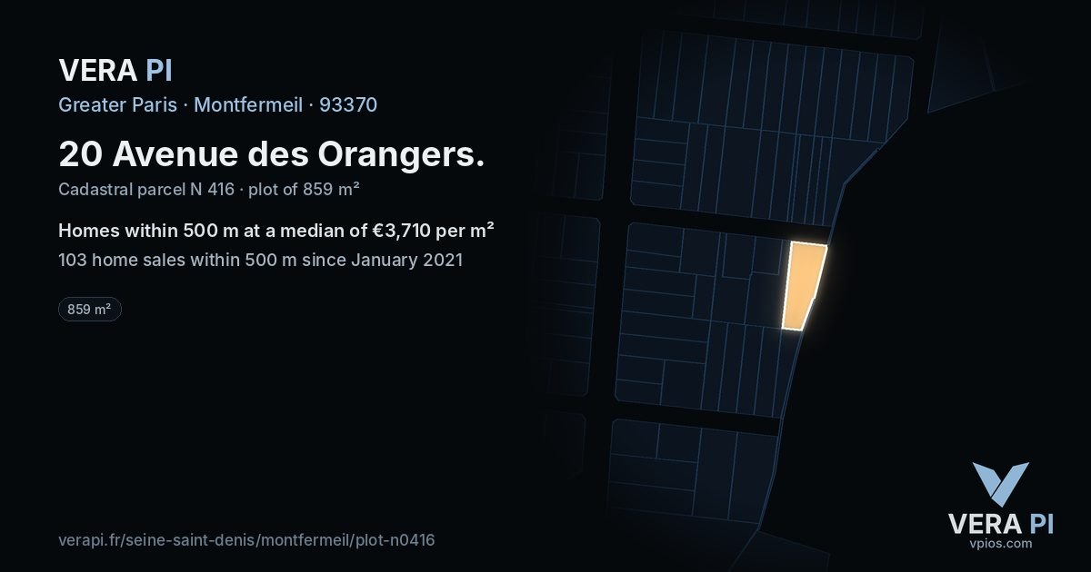 20 Avenue des Orangers, Montfermeil at night – the plot lit, the parcels around coloured by the prices near them