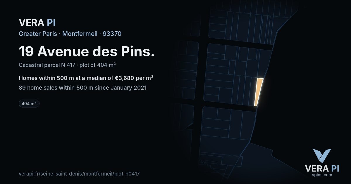 19 Avenue des Pins, Montfermeil at night – the plot lit, the parcels around coloured by the prices near them