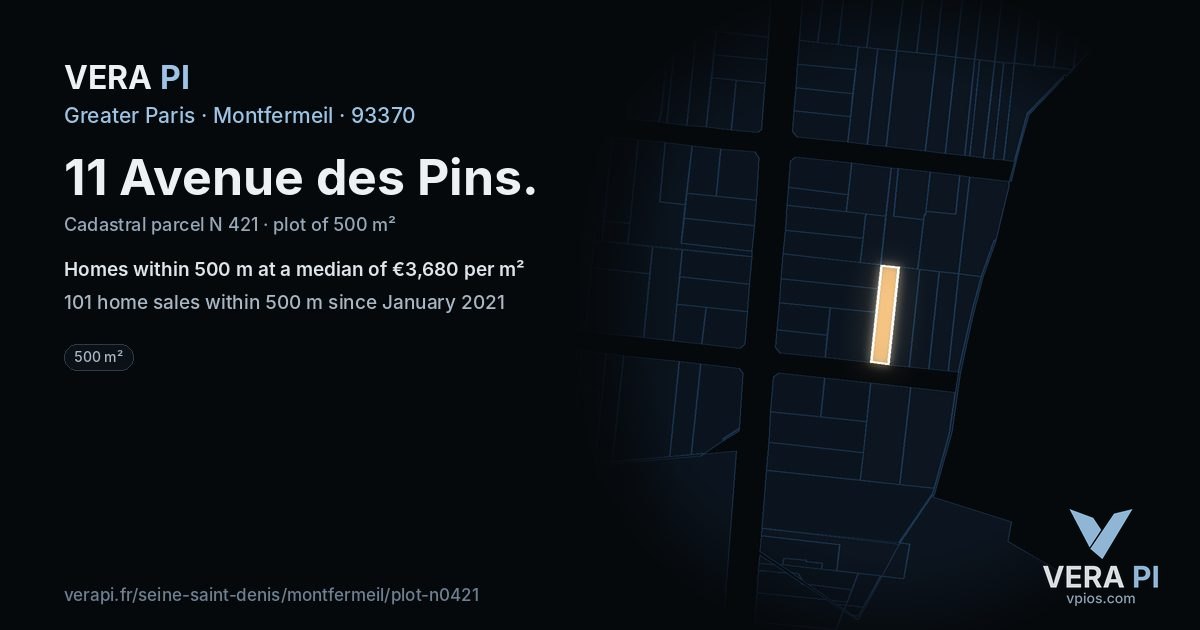 11 Avenue des Pins, Montfermeil at night – the plot lit, the parcels around coloured by the prices near them