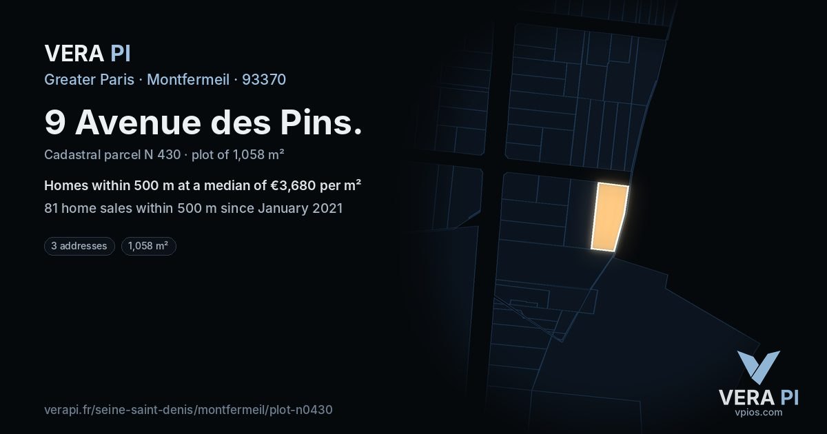 9 Avenue des Pins, Montfermeil at night – the plot lit, the parcels around coloured by the prices near them