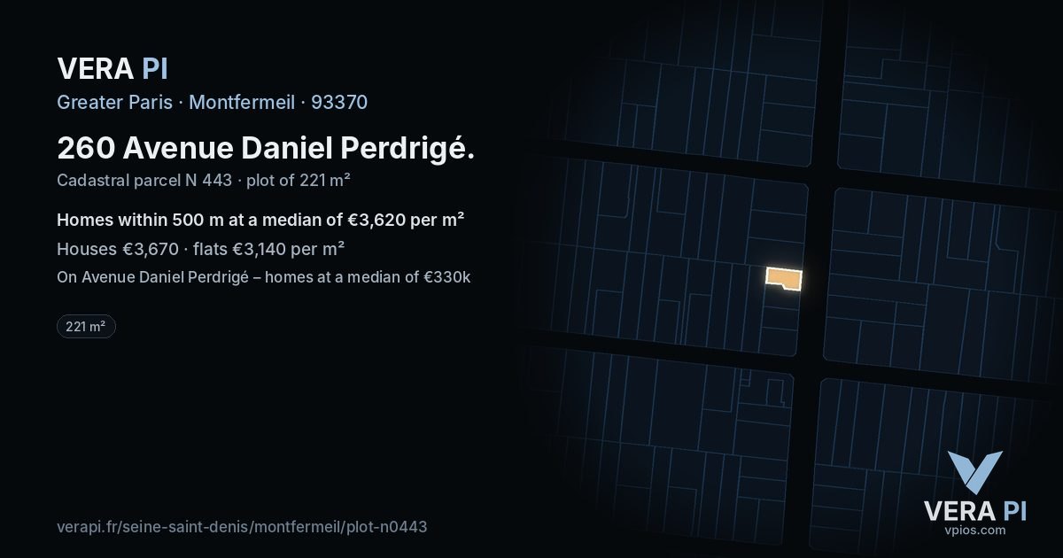 260 Avenue Daniel Perdrigé, Montfermeil at night – the plot lit, the parcels around coloured by the prices near them