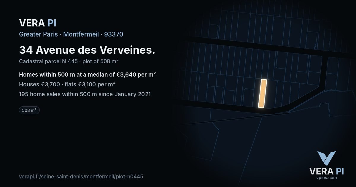 34 Avenue des Verveines, Montfermeil at night – the plot lit, the parcels around coloured by the prices near them