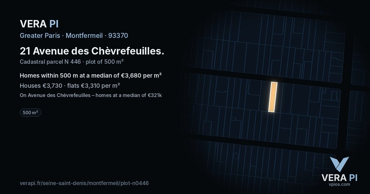 21 Avenue des Chèvrefeuilles, Montfermeil at night – the plot lit, the parcels around coloured by the prices near them