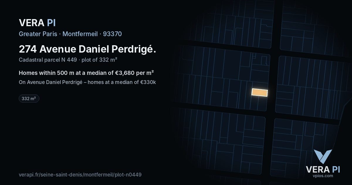 274 Avenue Daniel Perdrigé, Montfermeil at night – the plot lit, the parcels around coloured by the prices near them