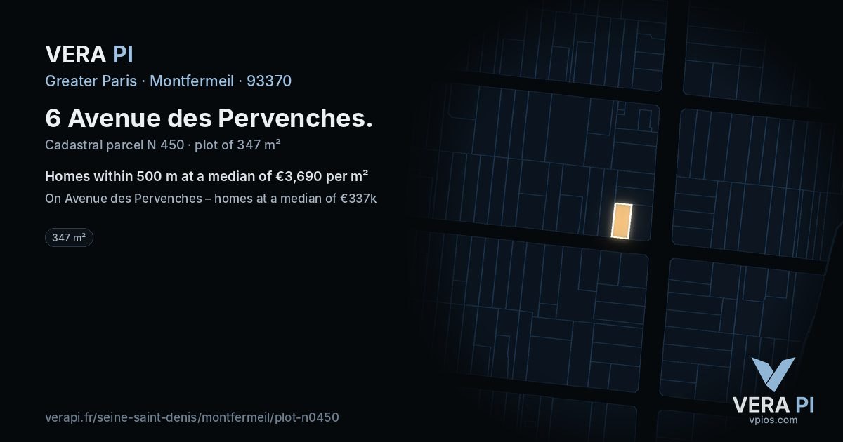 6 Avenue des Pervenches, Montfermeil at night – the plot lit, the parcels around coloured by the prices near them
