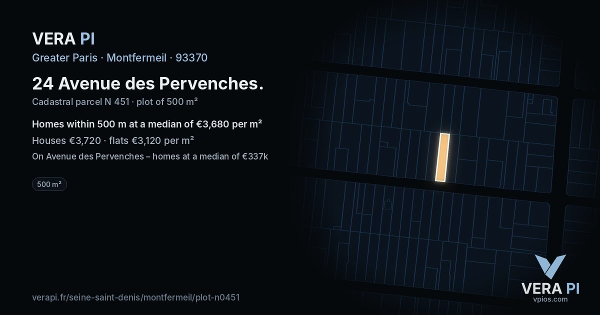 24 Avenue des Pervenches, Montfermeil at night – the plot lit, the parcels around coloured by the prices near them