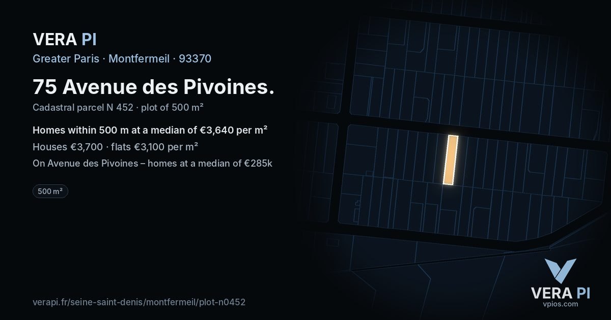75 Avenue des Pivoines, Montfermeil at night – the plot lit, the parcels around coloured by the prices near them