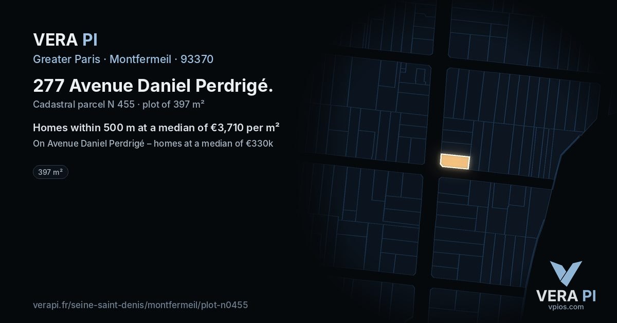 277 Avenue Daniel Perdrigé, Montfermeil at night – the plot lit, the parcels around coloured by the prices near them