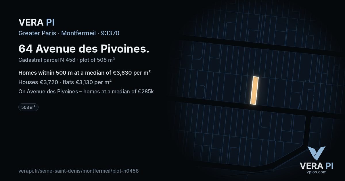 64 Avenue des Pivoines, Montfermeil at night – the plot lit, the parcels around coloured by the prices near them