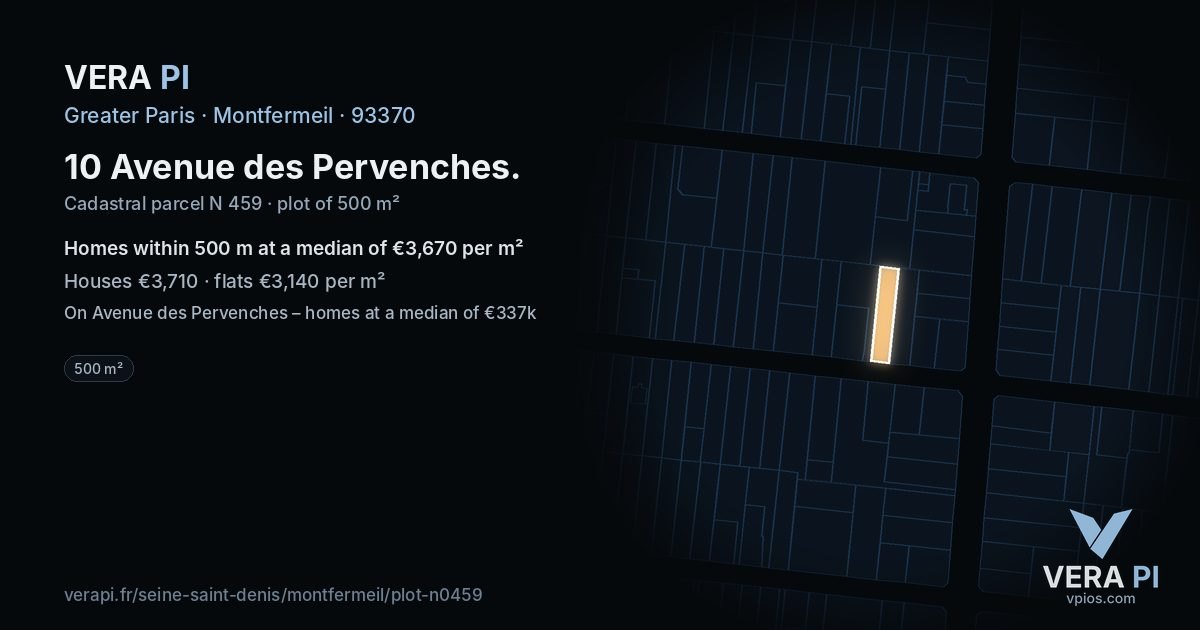 10 Avenue des Pervenches, Montfermeil at night – the plot lit, the parcels around coloured by the prices near them