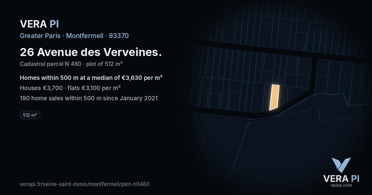 26 Avenue des Verveines, Montfermeil at night – the plot lit, the parcels around coloured by the prices near them