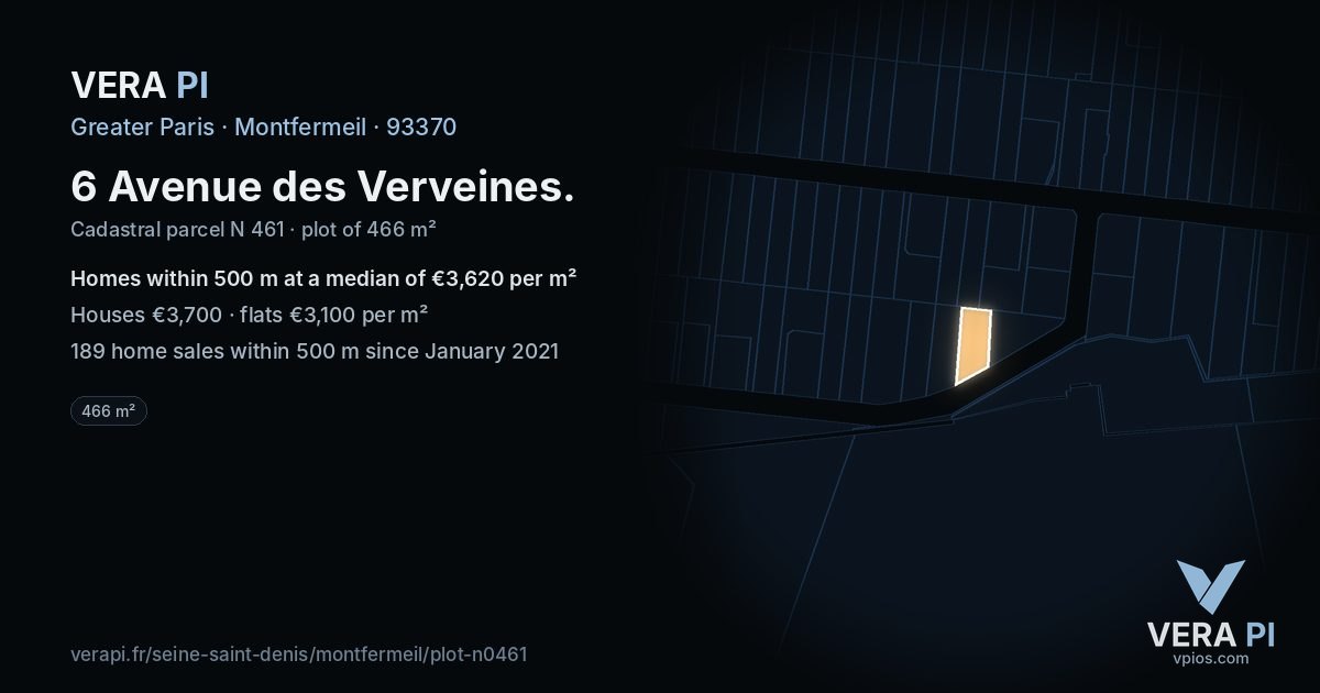 6 Avenue des Verveines, Montfermeil at night – the plot lit, the parcels around coloured by the prices near them