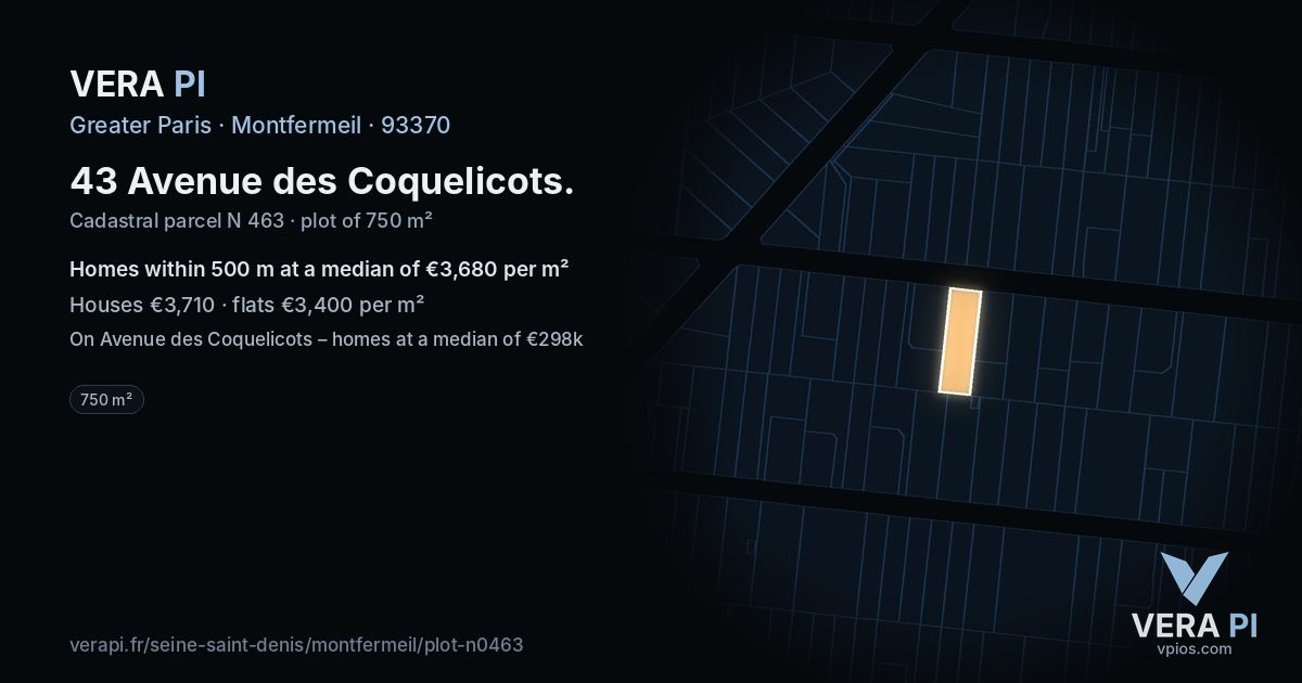43 Avenue des Coquelicots, Montfermeil at night – the plot lit, the parcels around coloured by the prices near them