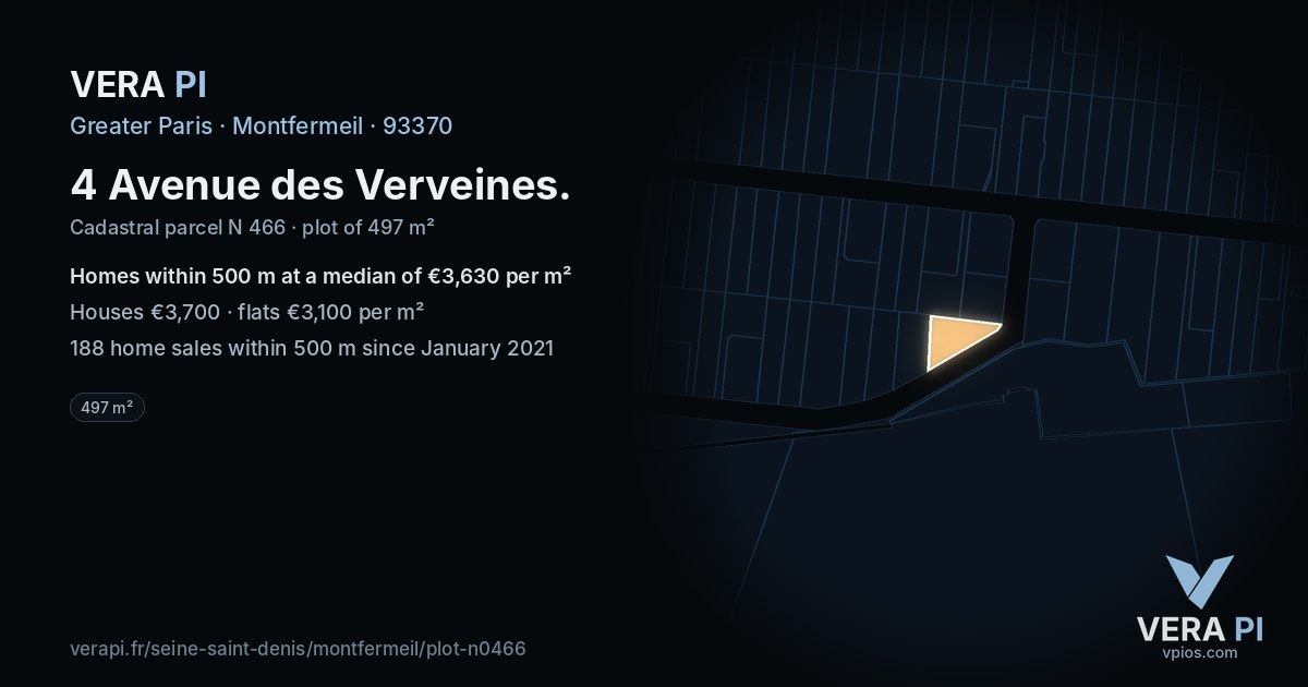 4 Avenue des Verveines, Montfermeil at night – the plot lit, the parcels around coloured by the prices near them