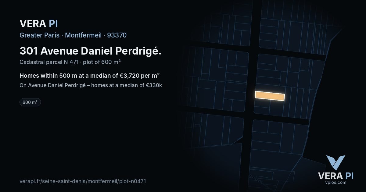301 Avenue Daniel Perdrigé, Montfermeil at night – the plot lit, the parcels around coloured by the prices near them