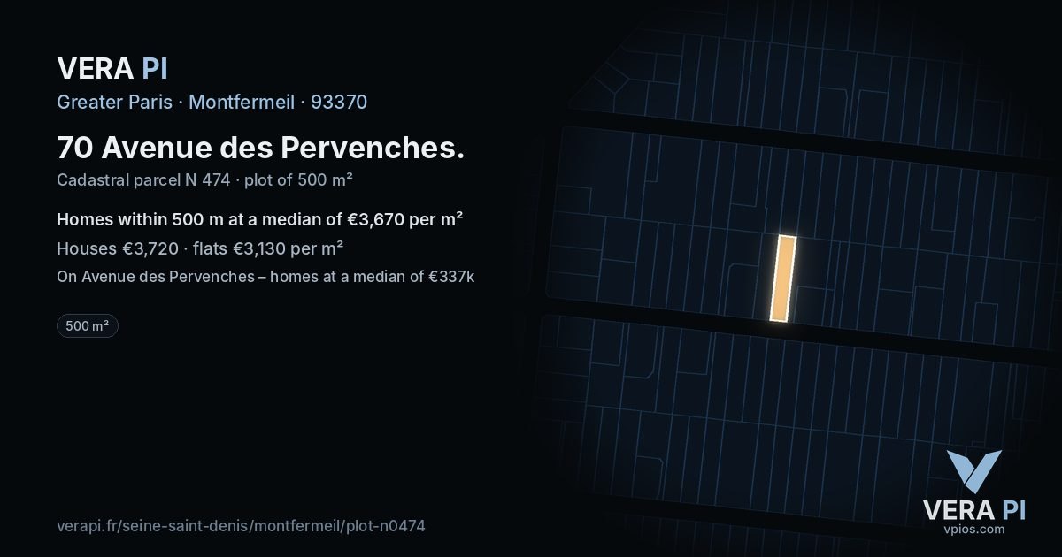 70 Avenue des Pervenches, Montfermeil at night – the plot lit, the parcels around coloured by the prices near them