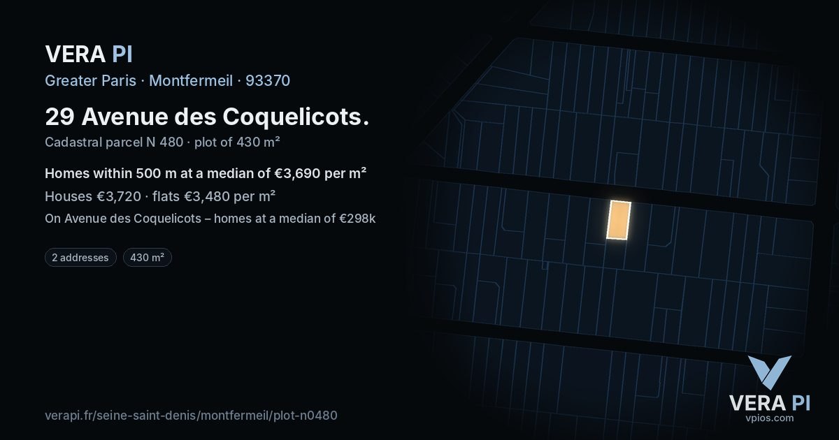 29 Avenue des Coquelicots, Montfermeil at night – the plot lit, the parcels around coloured by the prices near them