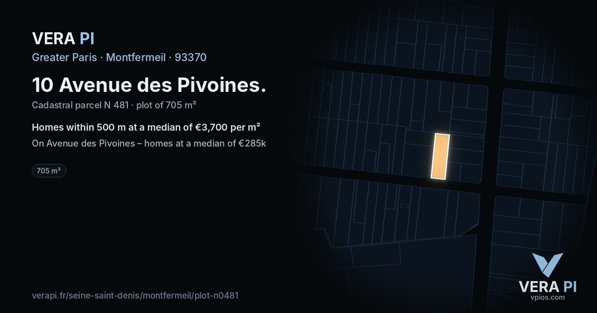 10 Avenue des Pivoines, Montfermeil at night – the plot lit, the parcels around coloured by the prices near them