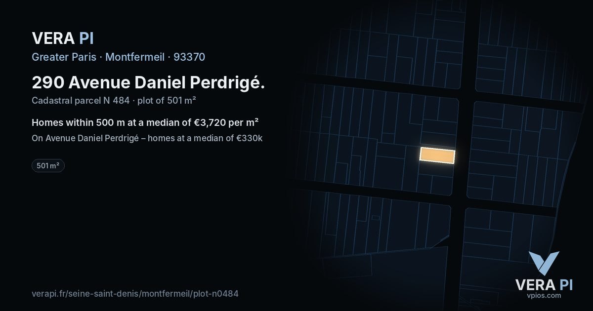 290 Avenue Daniel Perdrigé, Montfermeil at night – the plot lit, the parcels around coloured by the prices near them