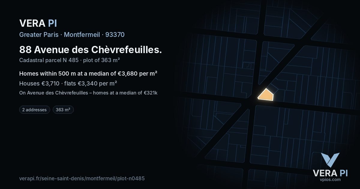 88 Avenue des Chèvrefeuilles, Montfermeil at night – the plot lit, the parcels around coloured by the prices near them