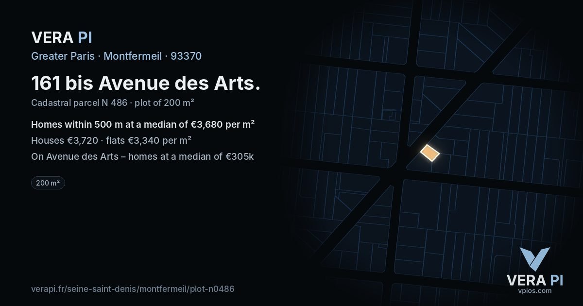 161 bis Avenue des Arts, Montfermeil at night – the plot lit, the parcels around coloured by the prices near them