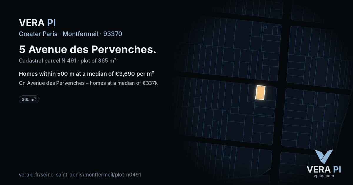 5 Avenue des Pervenches, Montfermeil at night – the plot lit, the parcels around coloured by the prices near them