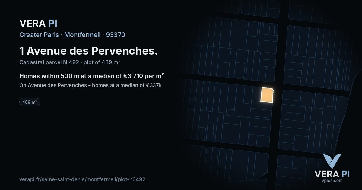 1 Avenue des Pervenches, Montfermeil at night – the plot lit, the parcels around coloured by the prices near them