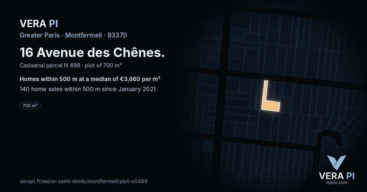 16 Avenue des Chênes, Montfermeil at night – the plot lit, the parcels around coloured by the prices near them