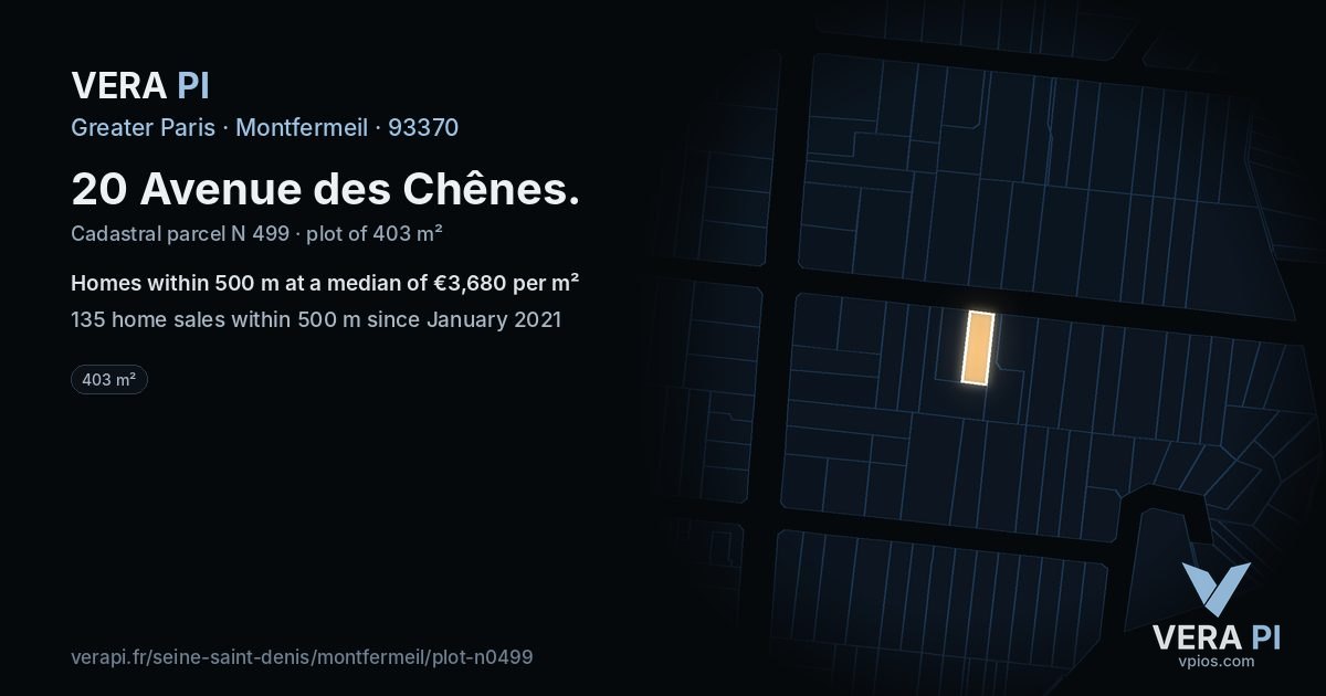 20 Avenue des Chênes, Montfermeil at night – the plot lit, the parcels around coloured by the prices near them