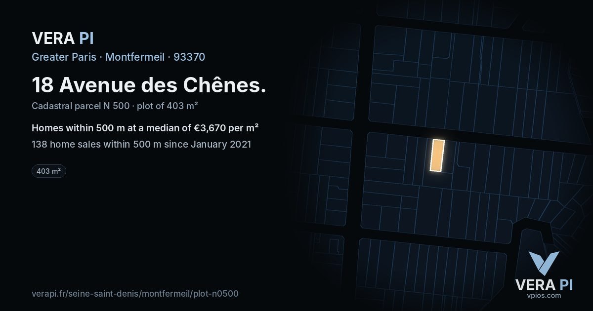 18 Avenue des Chênes, Montfermeil at night – the plot lit, the parcels around coloured by the prices near them