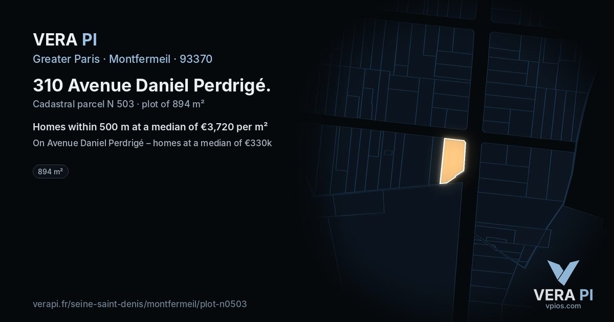 310 Avenue Daniel Perdrigé, Montfermeil at night – the plot lit, the parcels around coloured by the prices near them