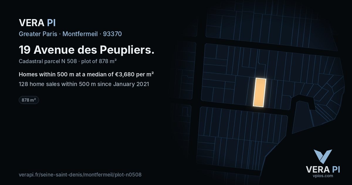 19 Avenue des Peupliers, Montfermeil at night – the plot lit, the parcels around coloured by the prices near them