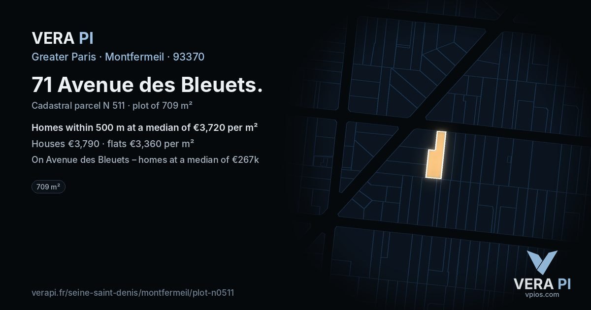 71 Avenue des Bleuets, Montfermeil at night – the plot lit, the parcels around coloured by the prices near them