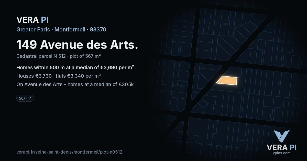 149 Avenue des Arts, Montfermeil at night – the plot lit, the parcels around coloured by the prices near them