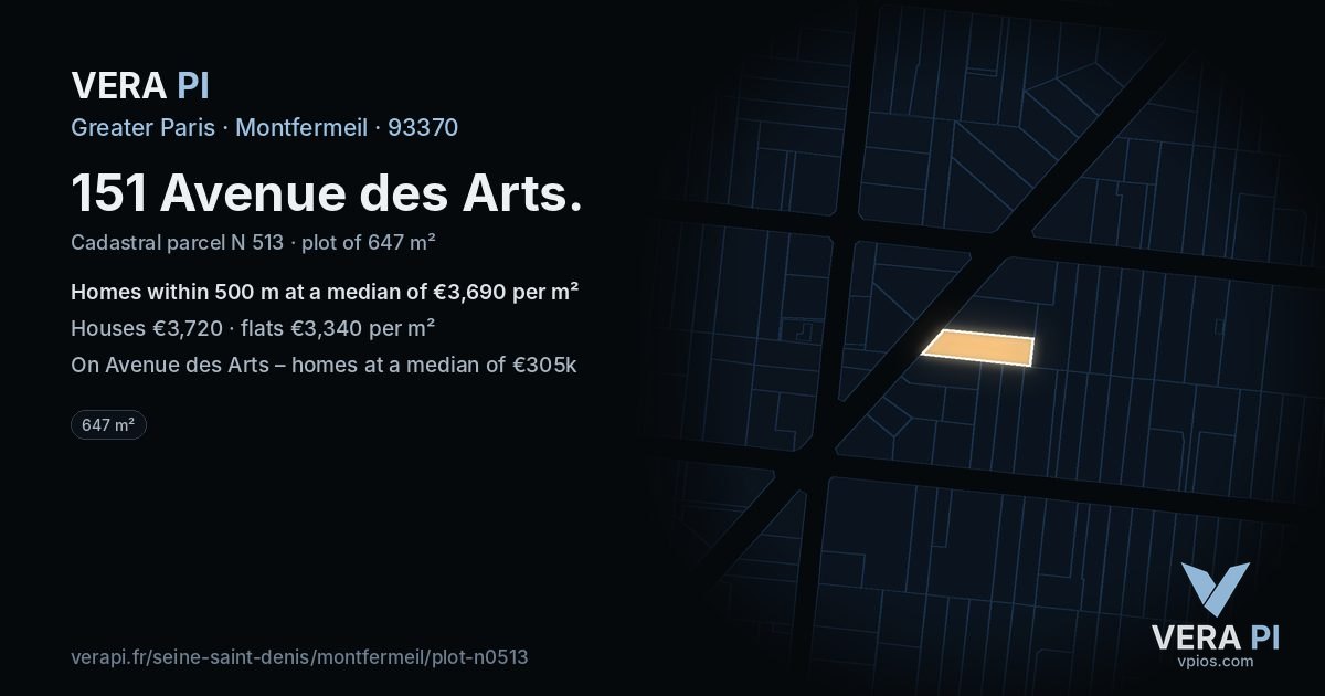 151 Avenue des Arts, Montfermeil at night – the plot lit, the parcels around coloured by the prices near them