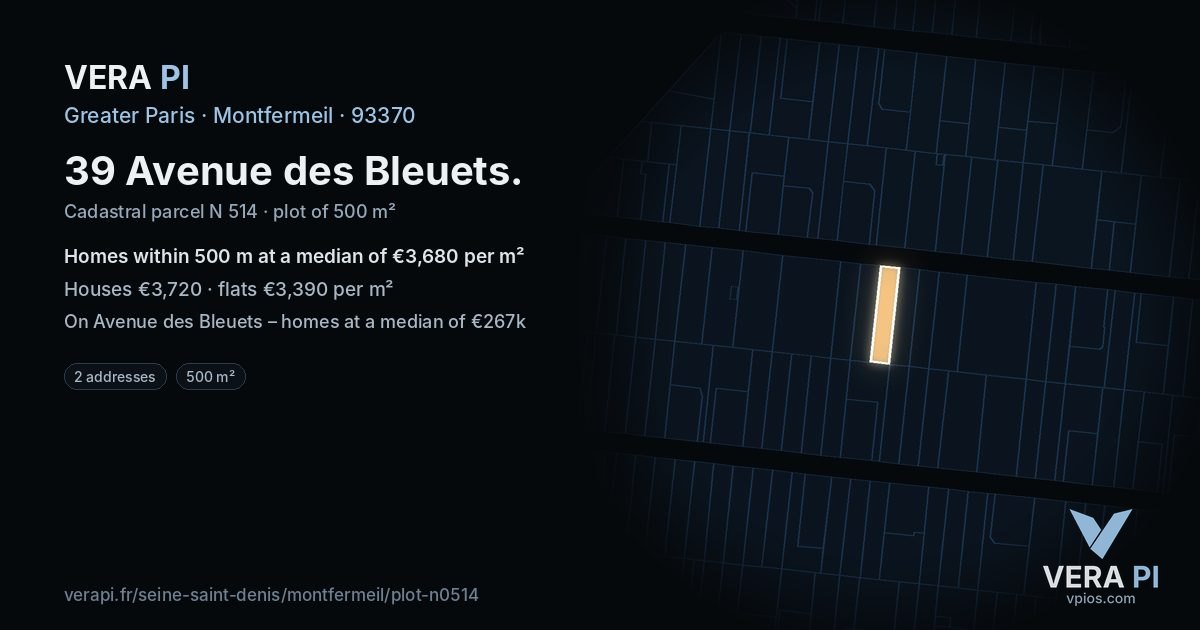 39 Avenue des Bleuets, Montfermeil at night – the plot lit, the parcels around coloured by the prices near them