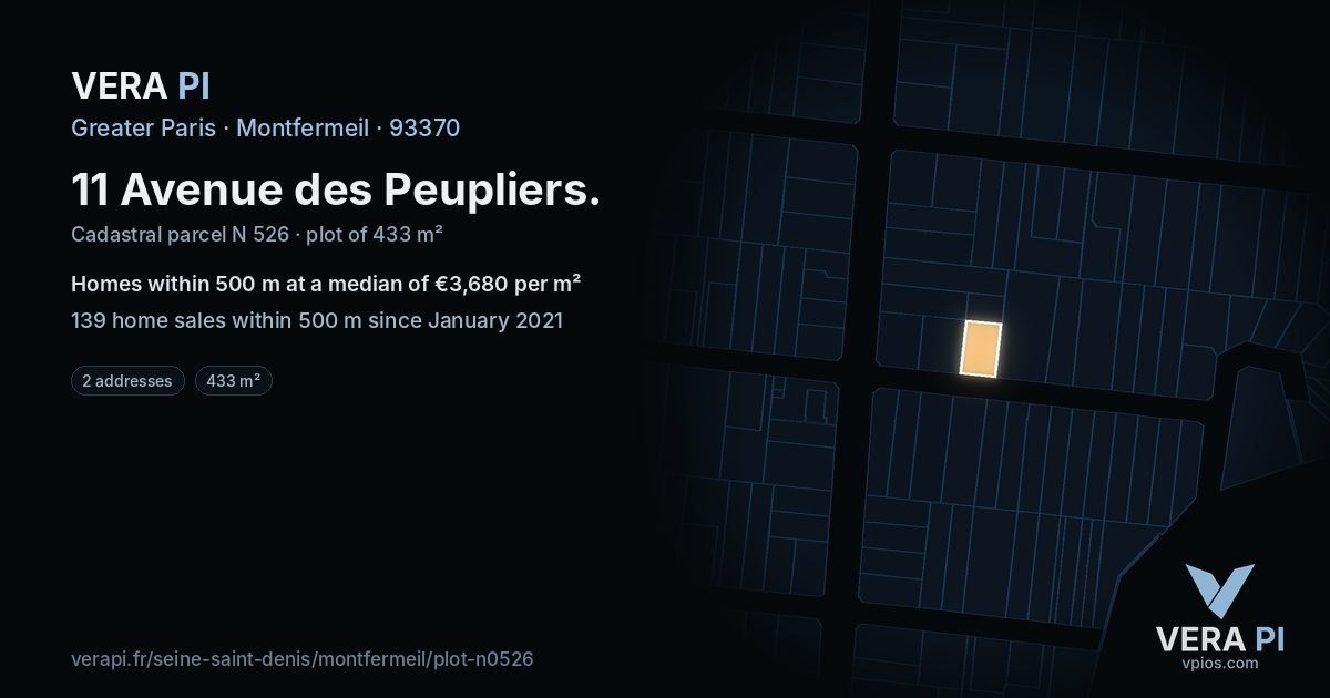 11 Avenue des Peupliers, Montfermeil at night – the plot lit, the parcels around coloured by the prices near them