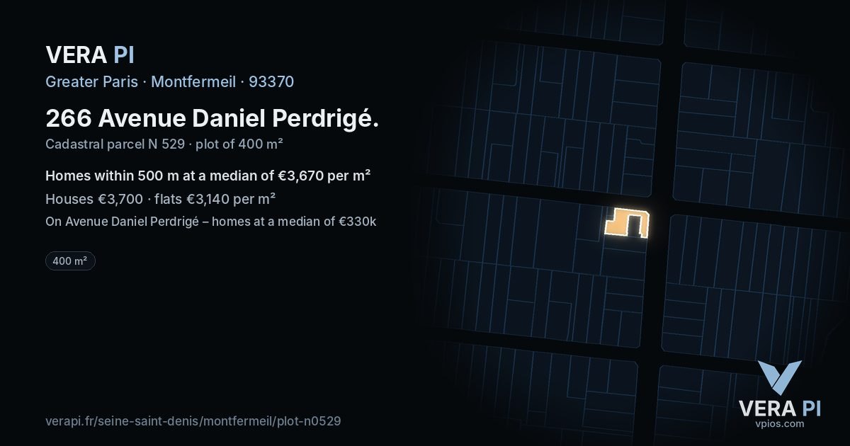 266 Avenue Daniel Perdrigé, Montfermeil at night – the plot lit, the parcels around coloured by the prices near them