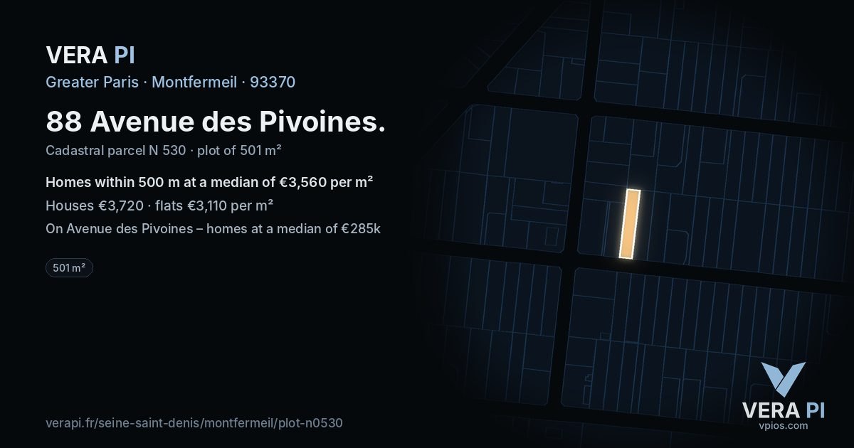 88 Avenue des Pivoines, Montfermeil at night – the plot lit, the parcels around coloured by the prices near them
