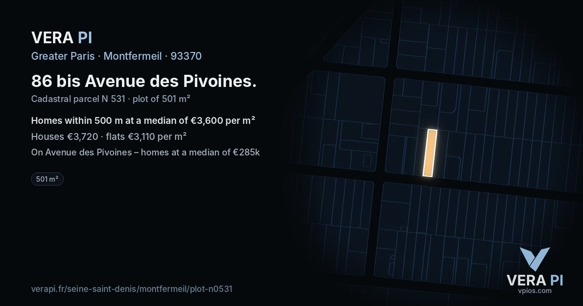 86 bis Avenue des Pivoines, Montfermeil at night – the plot lit, the parcels around coloured by the prices near them