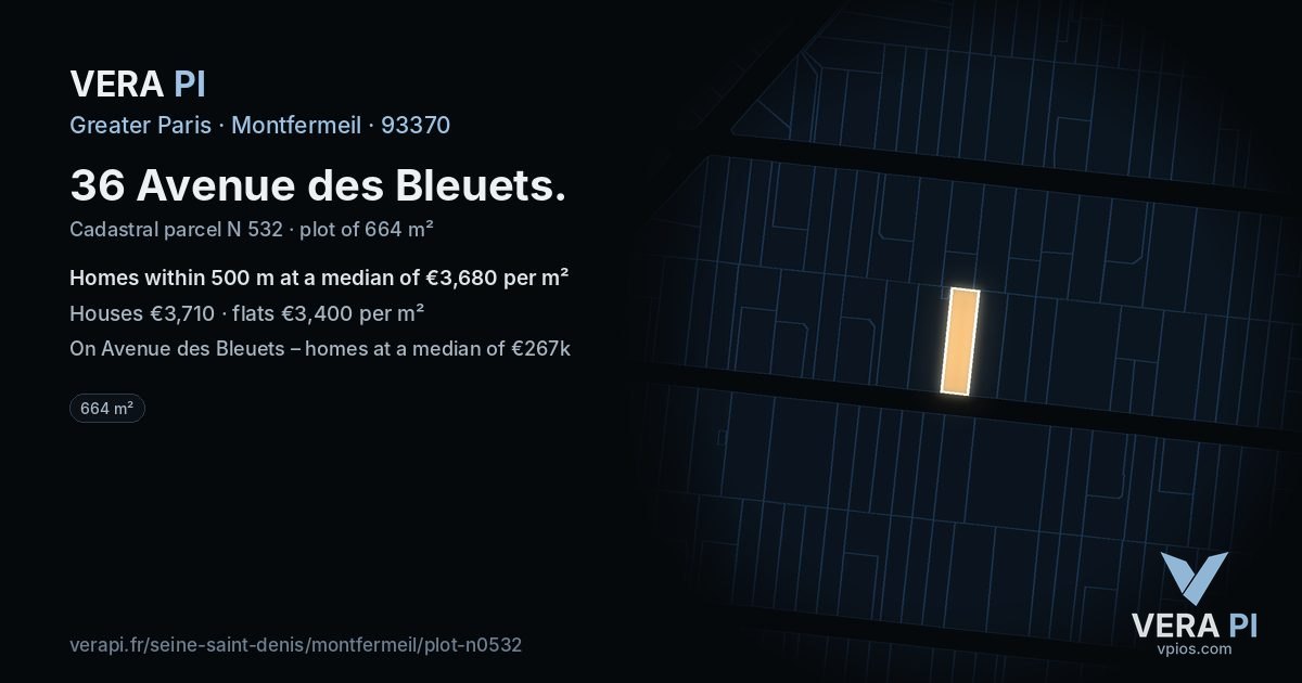 36 Avenue des Bleuets, Montfermeil at night – the plot lit, the parcels around coloured by the prices near them