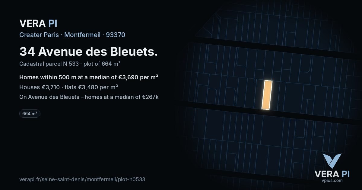 34 Avenue des Bleuets, Montfermeil at night – the plot lit, the parcels around coloured by the prices near them