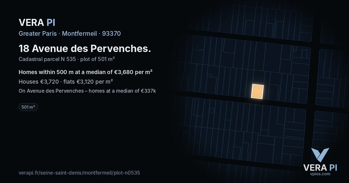 18 Avenue des Pervenches, Montfermeil at night – the plot lit, the parcels around coloured by the prices near them