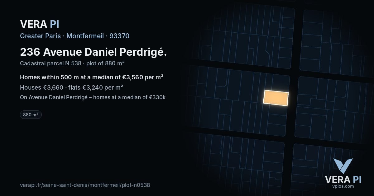 236 Avenue Daniel Perdrigé, Montfermeil at night – the plot lit, the parcels around coloured by the prices near them