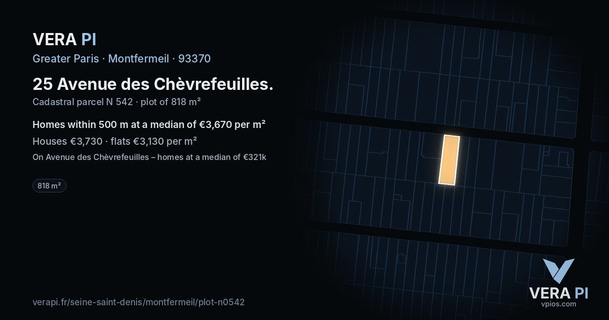 25 Avenue des Chèvrefeuilles, Montfermeil at night – the plot lit, the parcels around coloured by the prices near them
