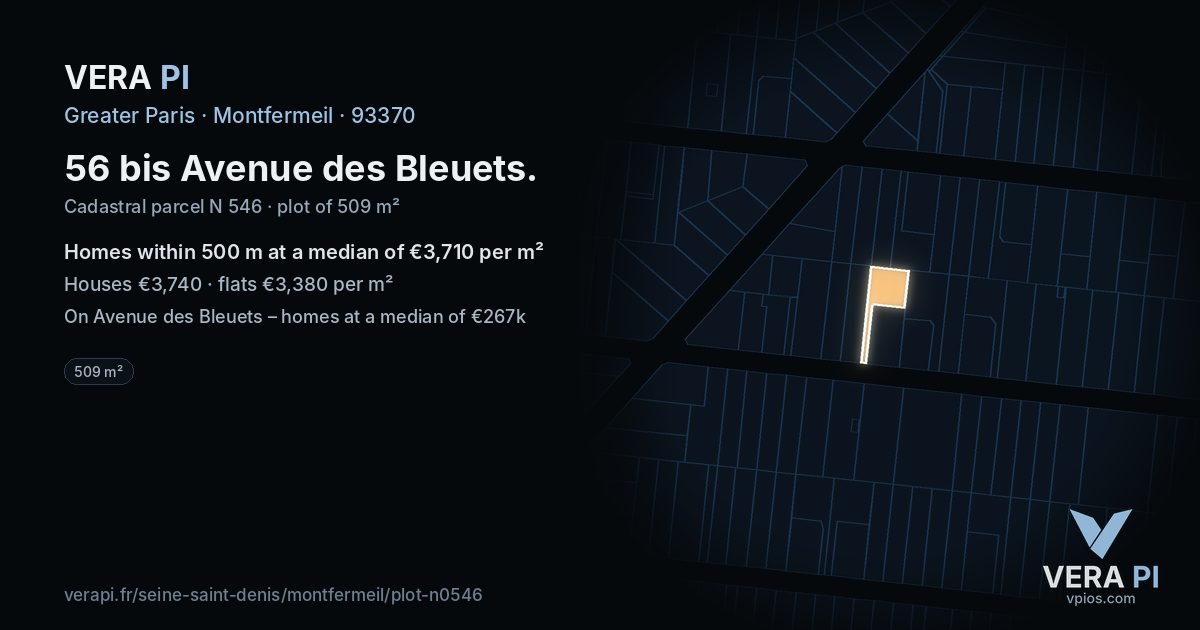 56 bis Avenue des Bleuets, Montfermeil at night – the plot lit, the parcels around coloured by the prices near them