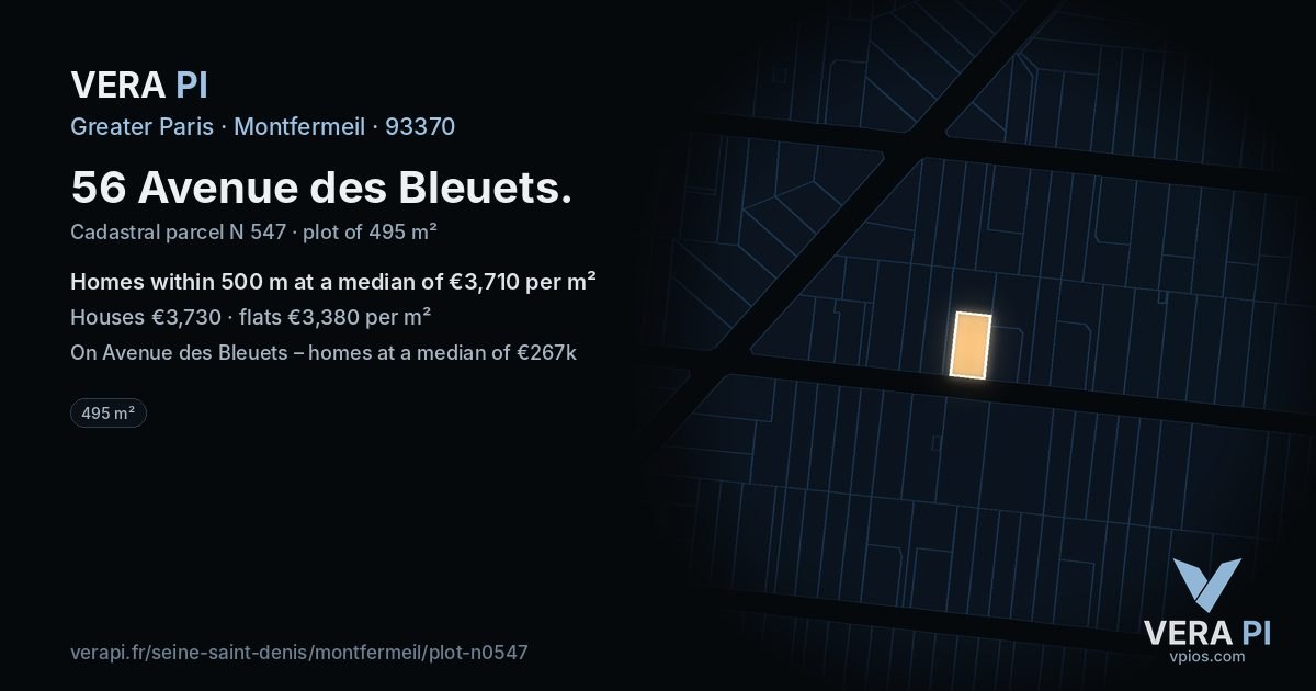 56 Avenue des Bleuets, Montfermeil at night – the plot lit, the parcels around coloured by the prices near them